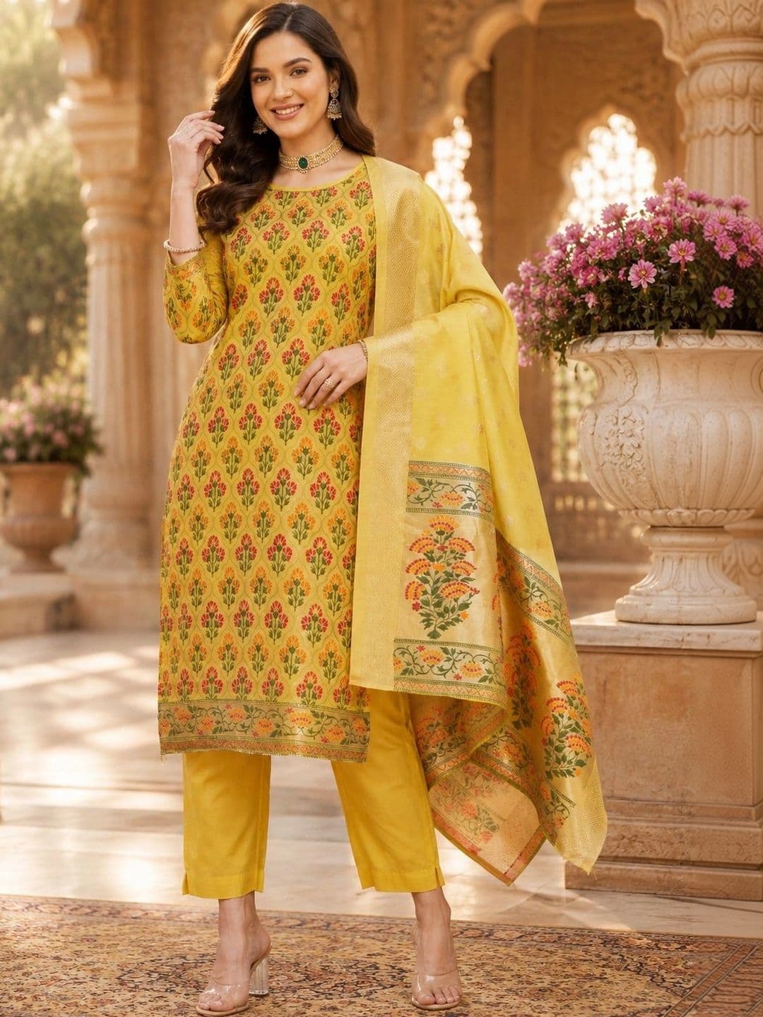 Mitera Women Ethnic Motifs Printed Regular Chanderi Cotton Kurta with Trousers & With Dupatta - view 1