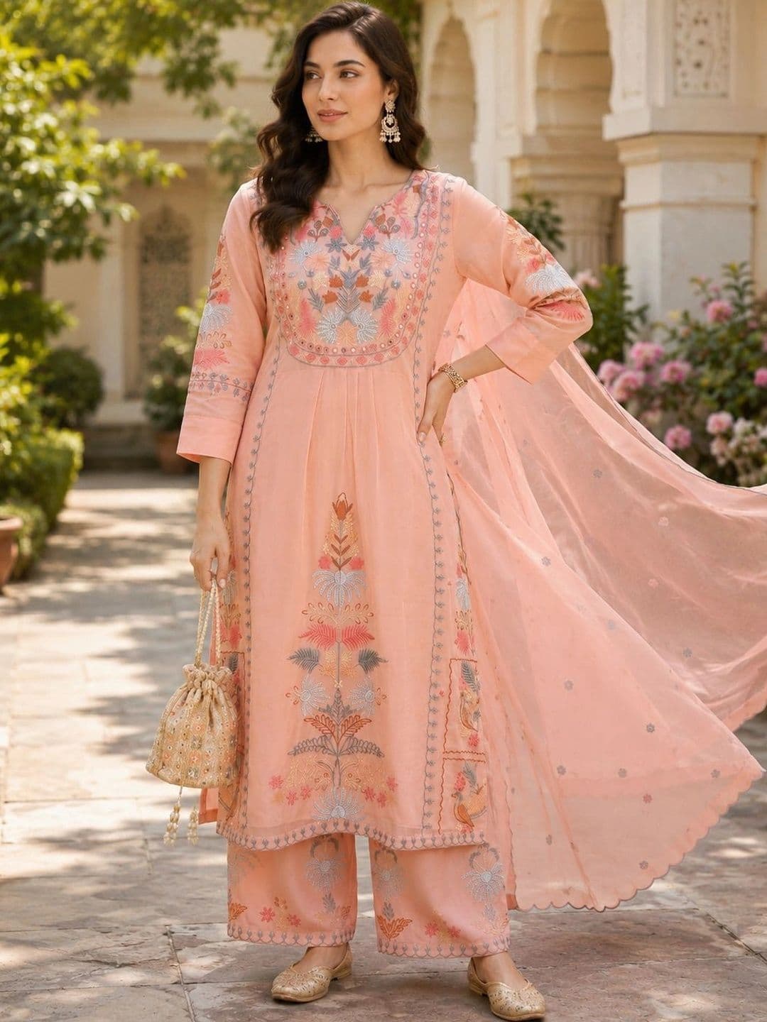 Mitera Women Ethnic Motifs Embroidered Regular Kurta with Palazzos & With Dupatta - view 1