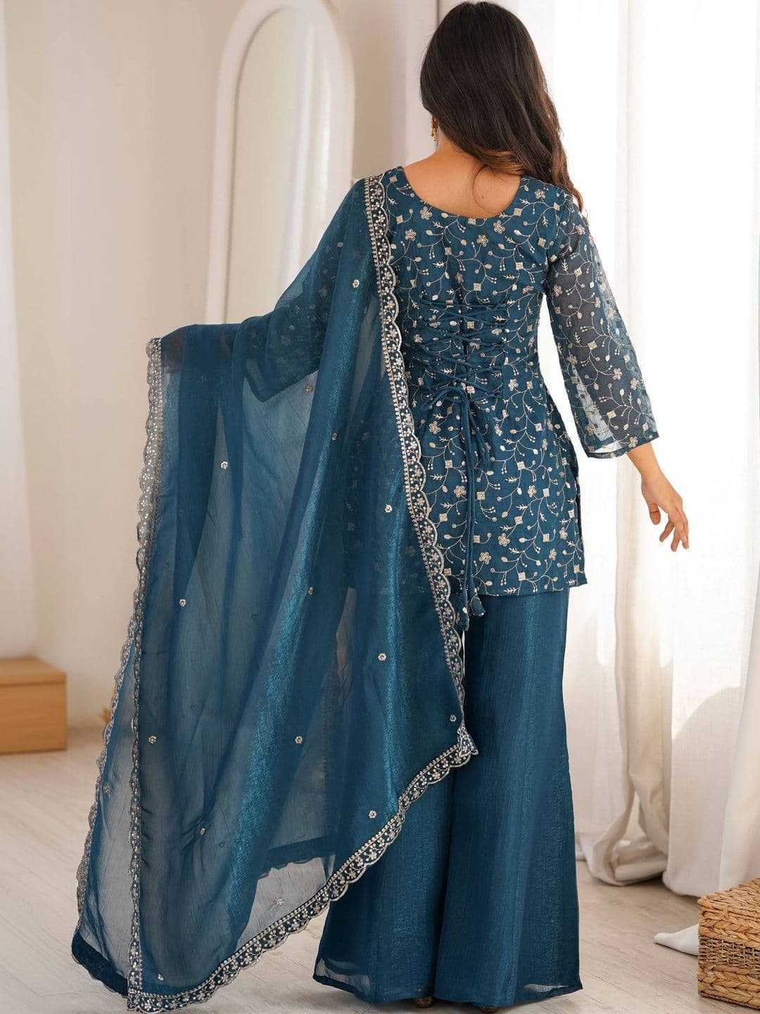 VASTRABELLA Women Ethnic Motifs Embroidered Regular Sequinned Kurta with Sharara & With Dupatta thumbnail 7