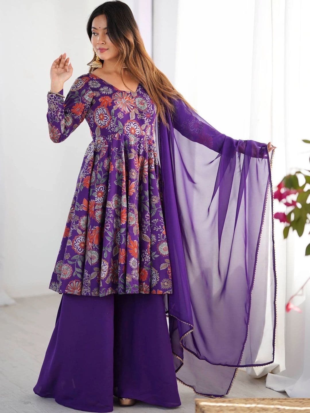 VASTRABELLA Women Floral Printed Empire Chanderi Silk Kurta with Palazzos & With Dupatta - view 1