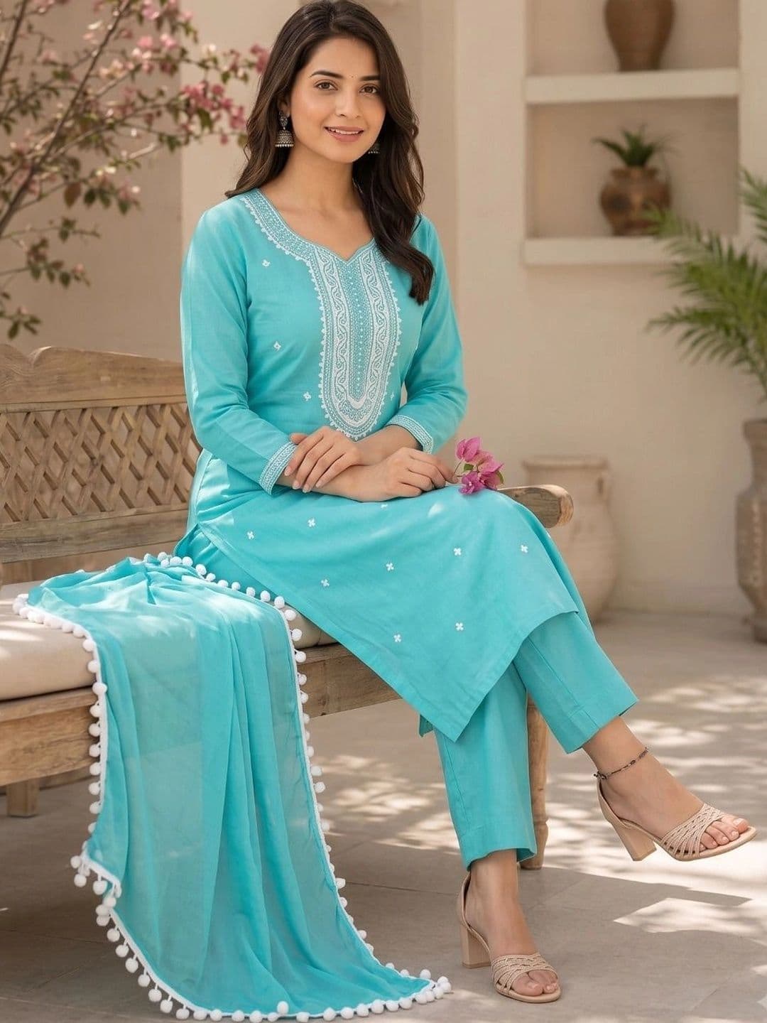 RADHEY KRISHNA CREATION Women Ethnic Motifs Embroidered Regular Thread Work Kurta with Trousers & With thumbnail 2