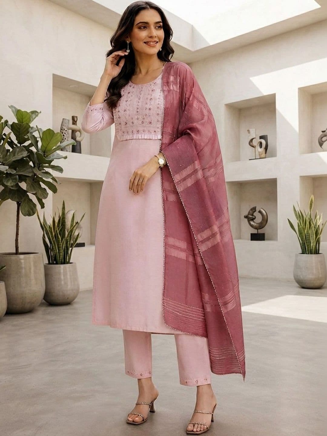 DIVASTRI Women Ethnic Motifs Embroidered Regular Thread Work Chanderi Cotton Kurta with Trousers & With - view 1