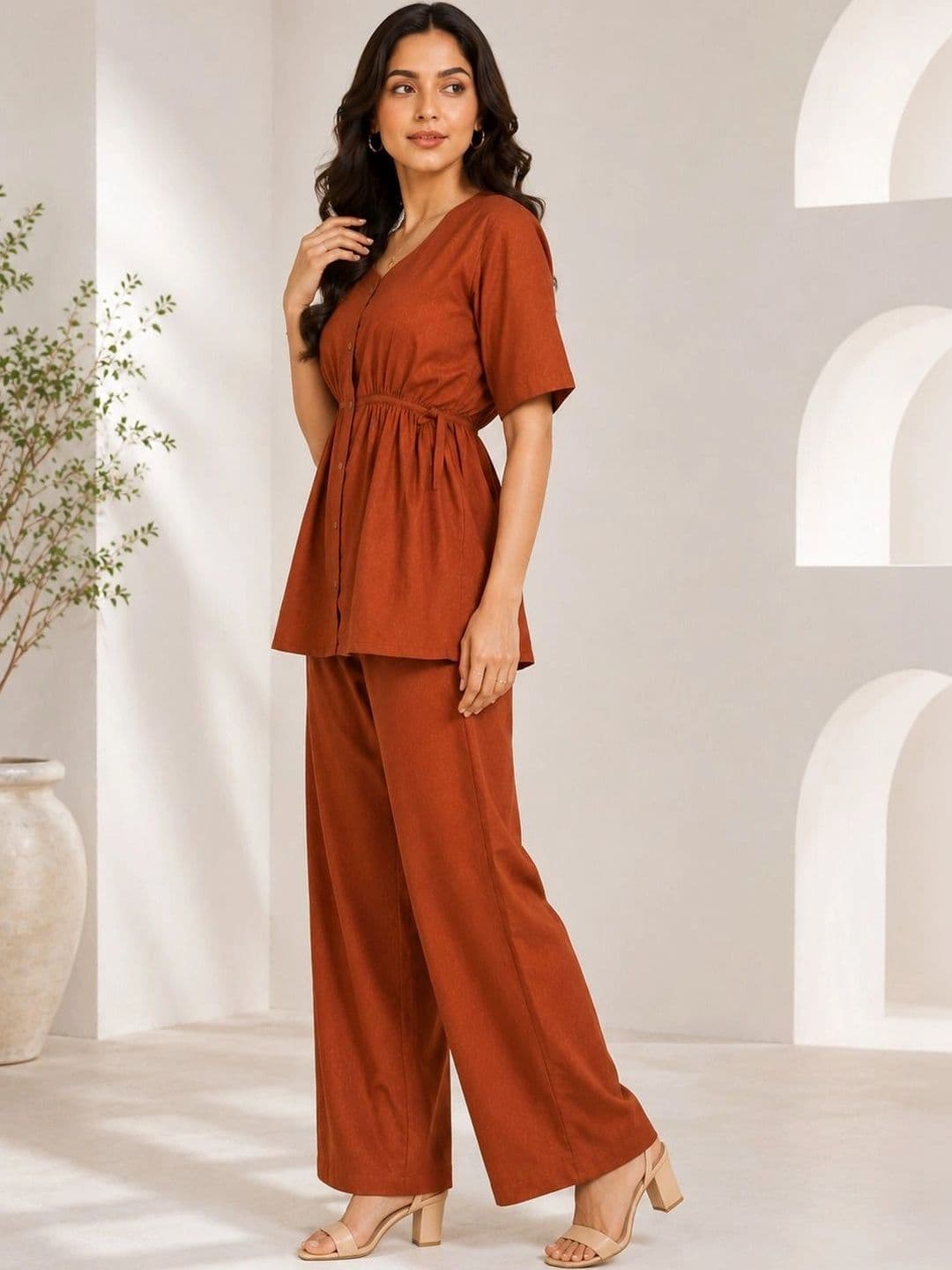 RAJGRANTH Women Empire Linen Top with Palazzos thumbnail 2