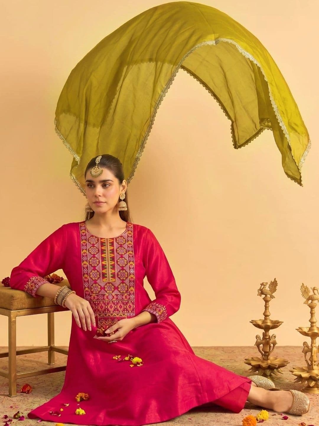 SMITSAREE Women Ethnic Motifs Embroidered Empire Thread Work Kurta with Trousers & With Dupatta thumbnail 2