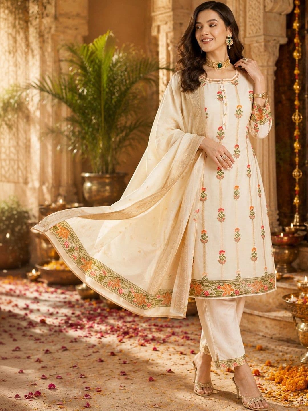 Mitera Women Ethnic Motifs Embroidered Regular Thread Work Chanderi Silk Kurta with Trousers & With Dupatta - view 1