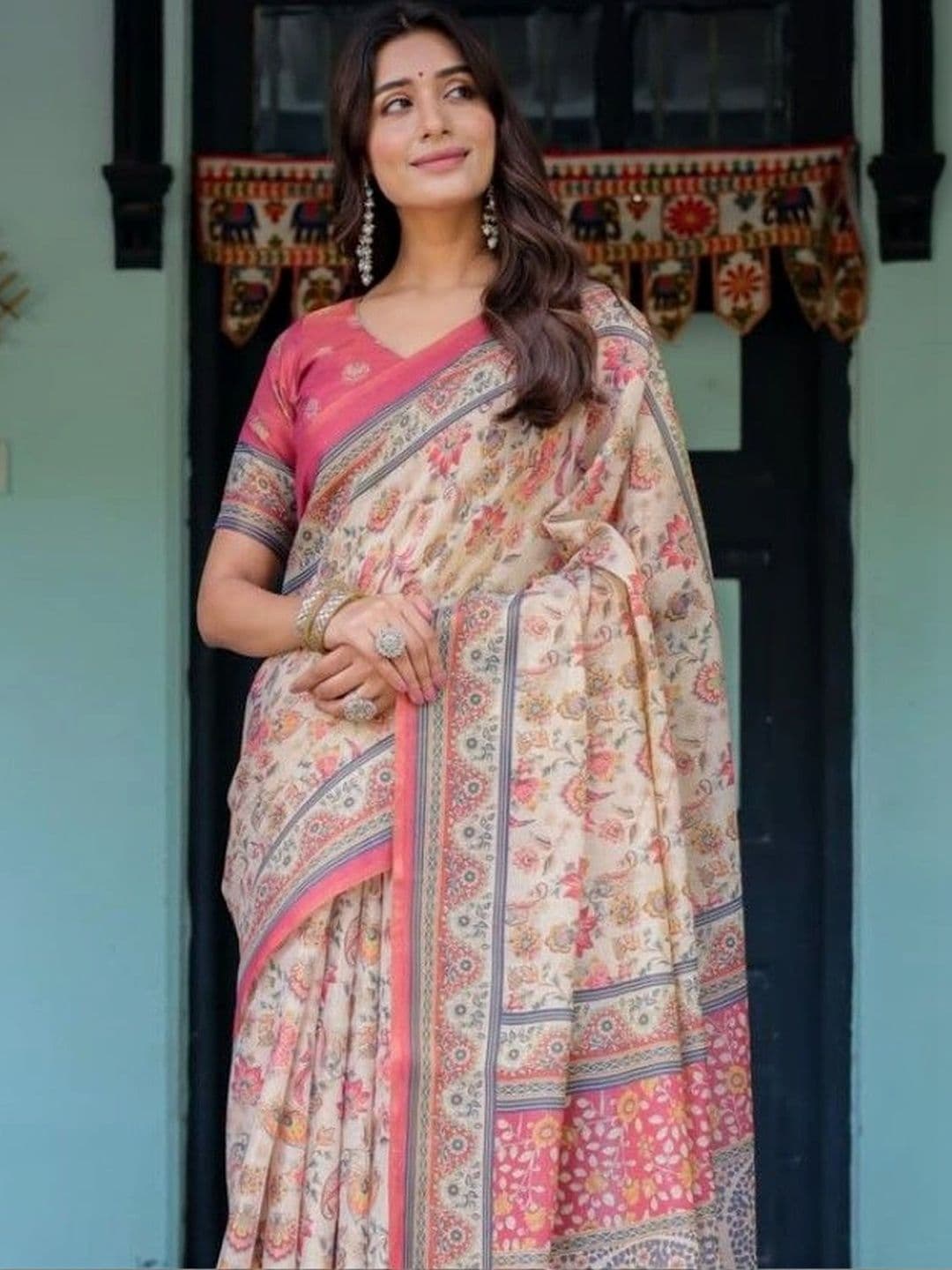 HOUSE OF PRANSHI Paisley Linen Blend Jamdani Saree - view 1