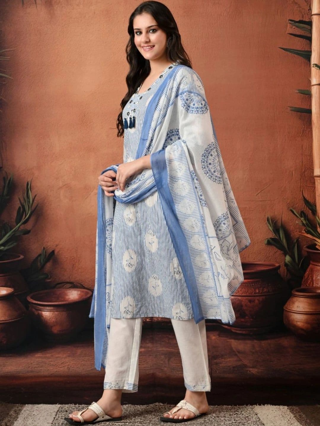 Encourage Women Ethnic Motifs Printed Regular Mirror Work Kurta with Trousers & With Dupatta thumbnail 7