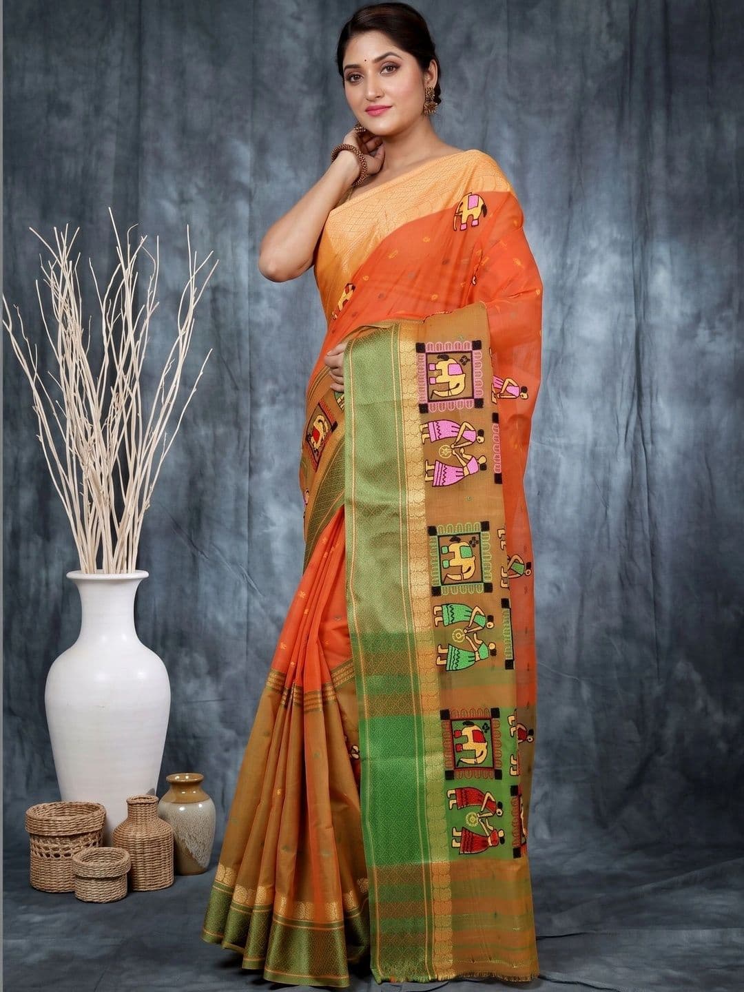 GitAsit Warli Sequinned Pure Cotton Handloom Taant Saree - view 1