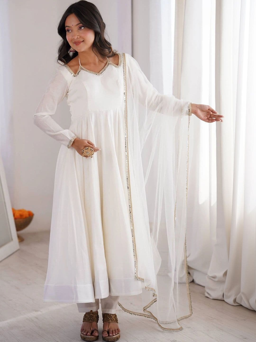 VASTRABELLA Women Empire Mirror Work Chanderi Silk Kurta with Trousers & With Dupatta thumbnail 3
