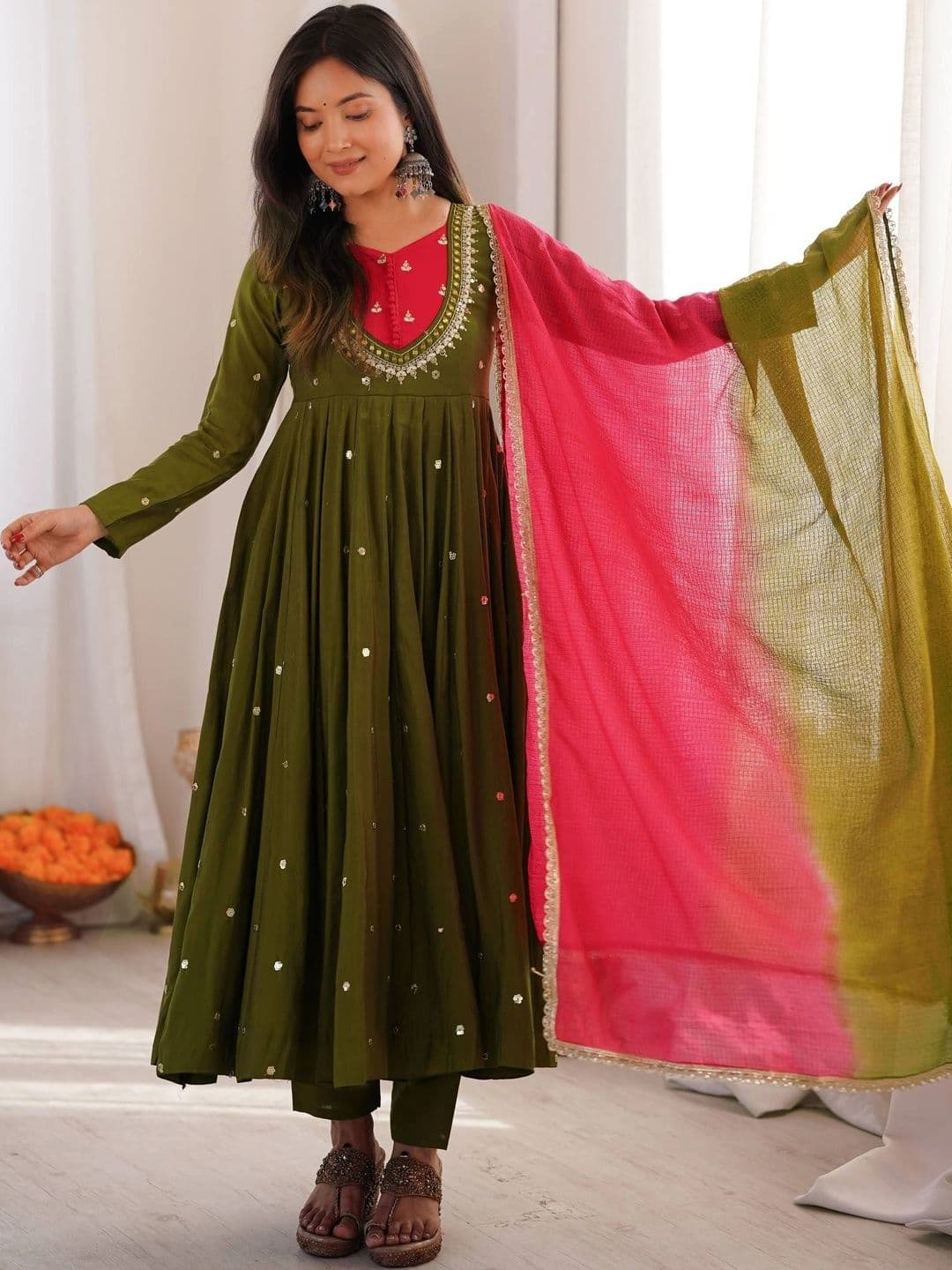 VASTRABELLA Women Embroidered Empire Sequinned Kurta with Trousers & With Dupatta thumbnail 5