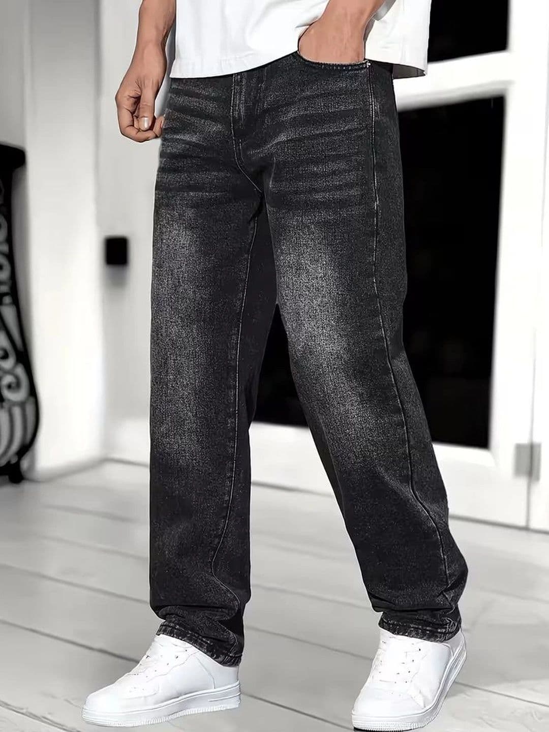 PINKLIT Men Straight Fit Mid-Rise Low Distress Light Fade Jeans thumbnail 5