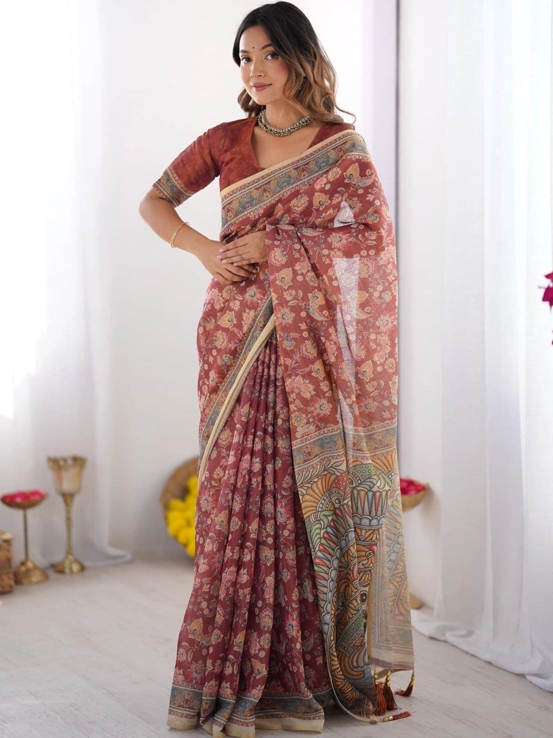 HOUSE OF PRANSHI Floral Linen Blend Jamdani Saree - view 1