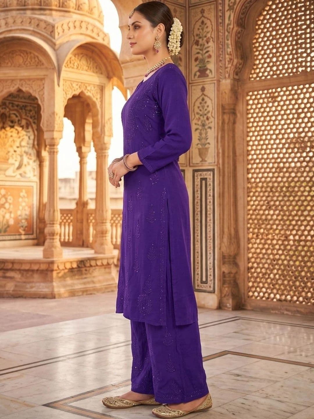 Fashion Chikan Art Women Ethnic Motifs Embroidered Regular Thread Work Kurta with Palazzos thumbnail 2