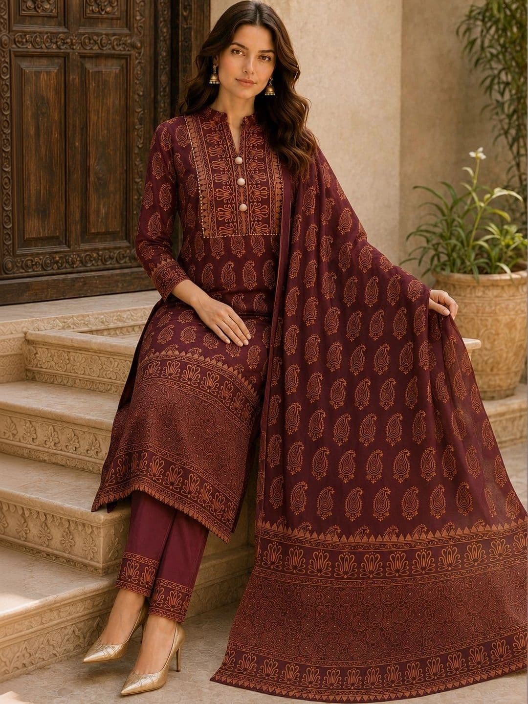JAIPUR HAND BLOCK Women Ethnic Motifs Printed Regular Pure Cotton Kurta with Trousers & With Dupatta thumbnail 4
