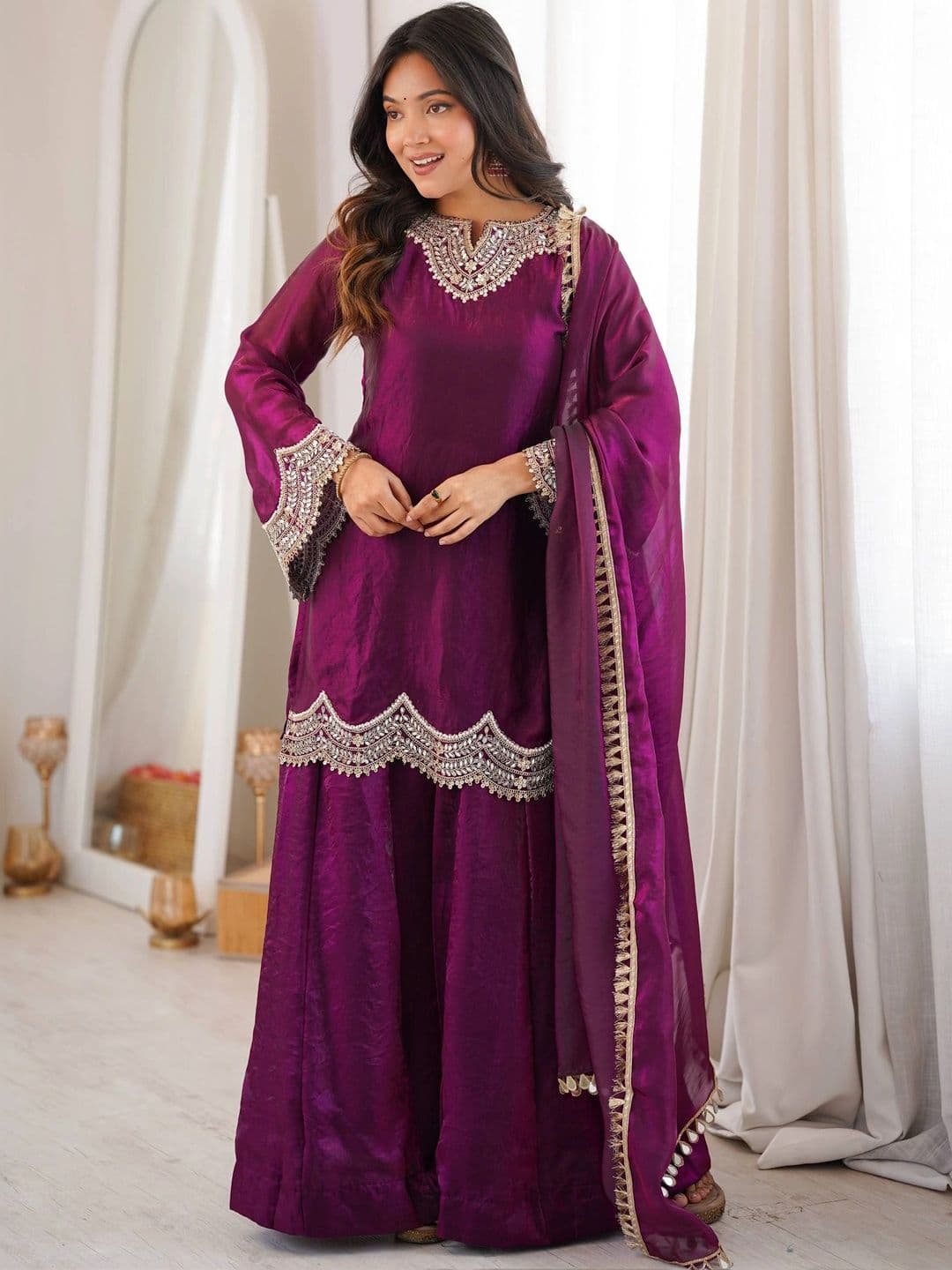 VASTRABELLA Women Ethnic Motifs Embroidered Regular Pure Silk Kurta with Sharara & With Dupatta - view 1
