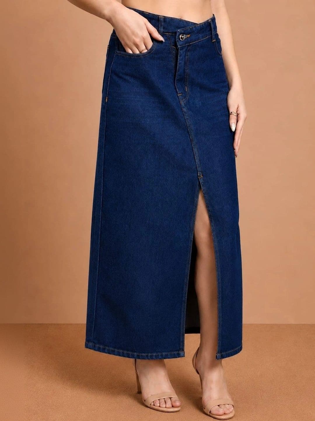 Mast & Harbour Women Denim Front Slit Maxi A-Line Skirt thumbnail 2