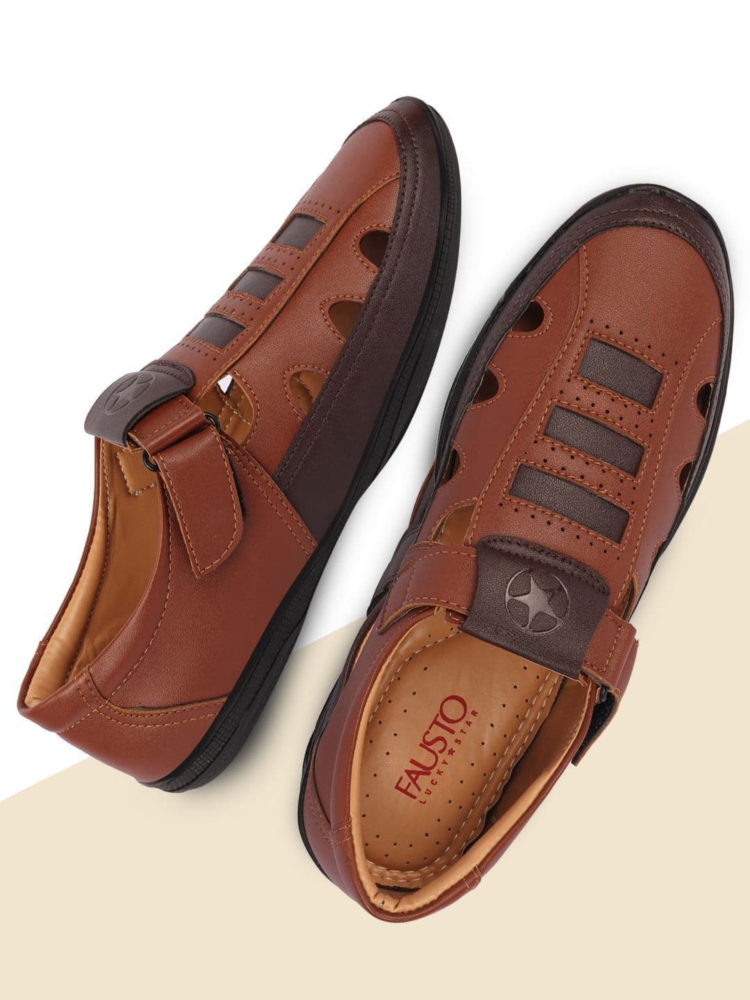 FAUSTO Men Tan & Black PU Comfort Sandals thumbnail 6