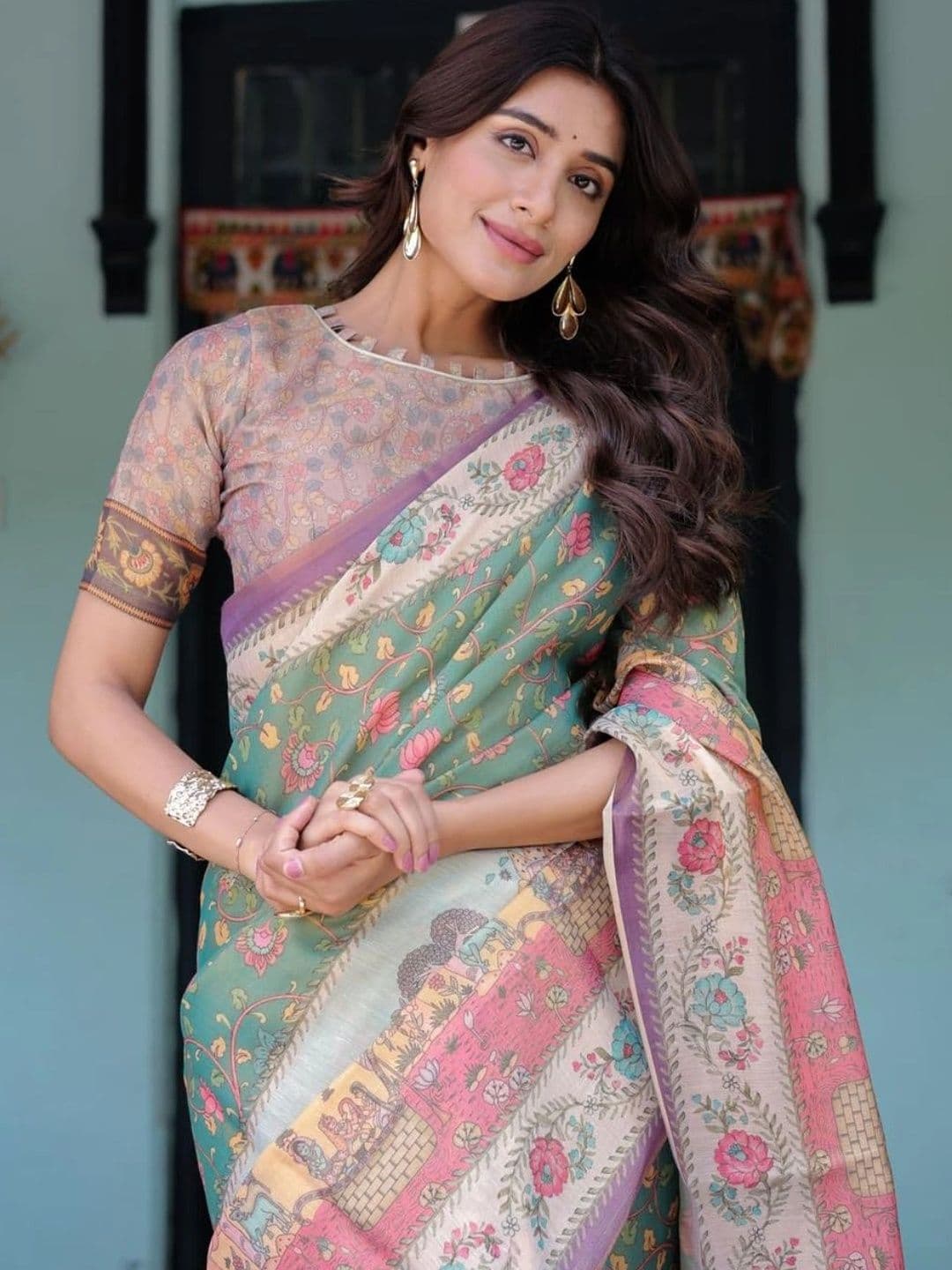 HOUSE OF PRANSHI Paisley Linen Blend Jamdani Saree thumbnail 6