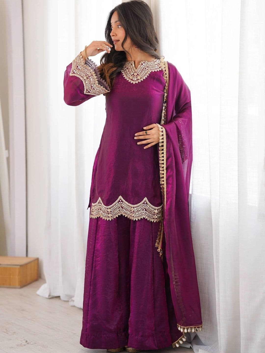 VASTRABELLA Women Ethnic Motifs Embroidered Regular Pure Silk Kurta with Sharara & With Dupatta thumbnail 4