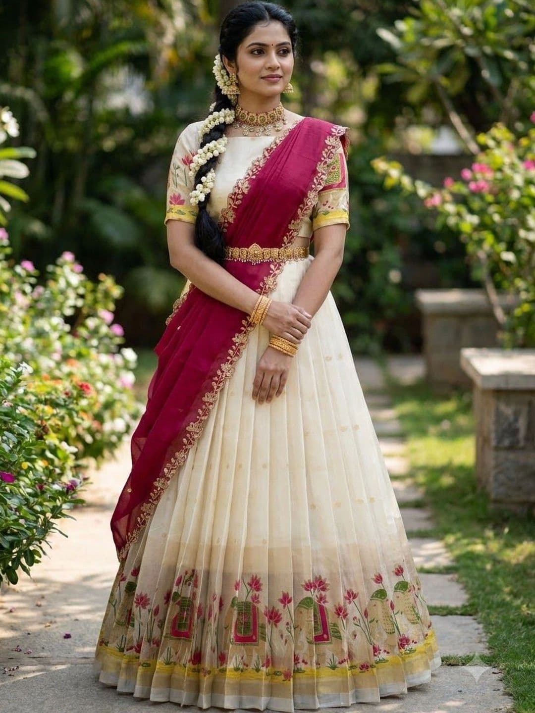 Pink Bindi Printed Thread Work Kalamkari Semi-Stitched Lehenga & Unstitched Blouse With Dupatta thumbnail 3