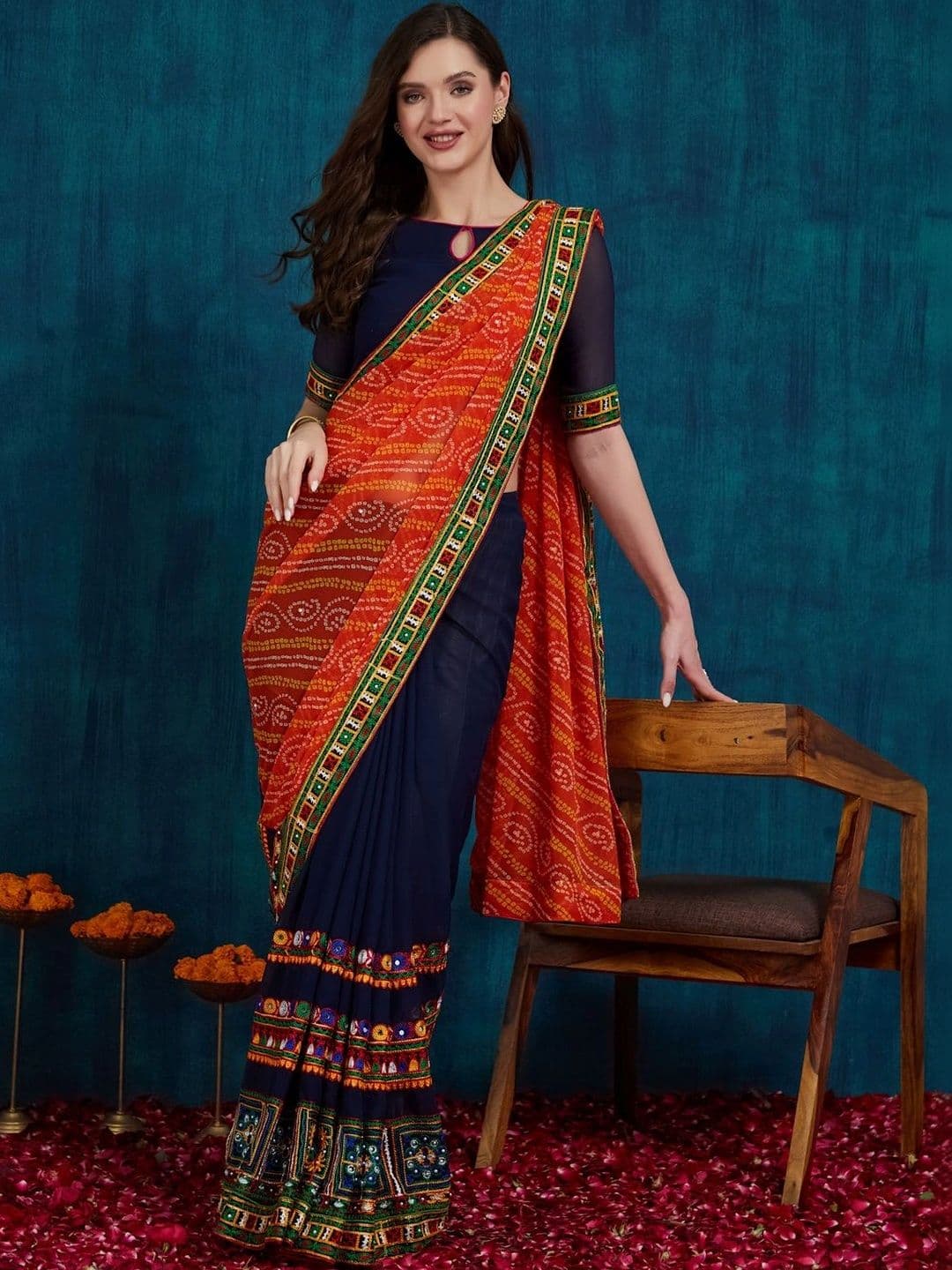 Sangria Bandhani Embroidered Pure Georgette Half and Half Bandhani Saree - view 1