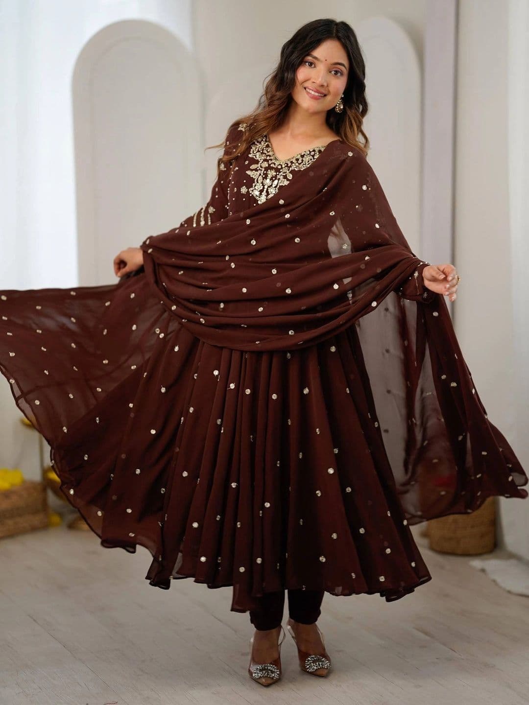 VASTRABELLA Women Ethnic Motifs Empire Silk Georgette Kurta with Churidar & With Dupatta thumbnail 3