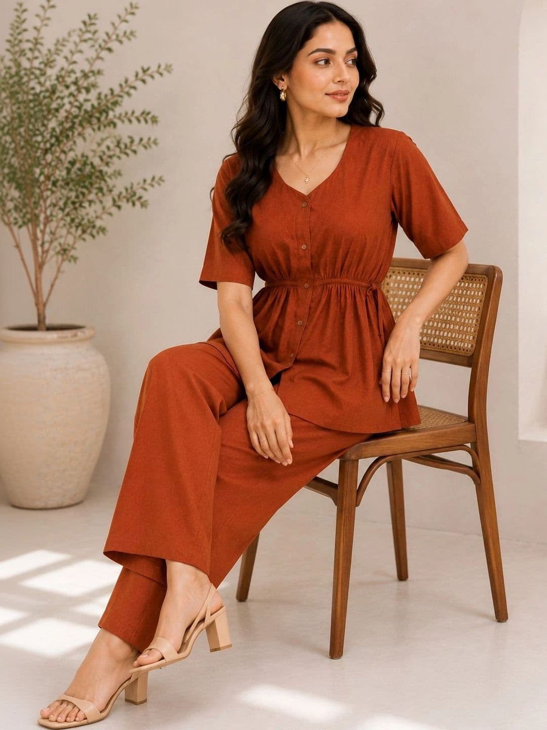 RAJGRANTH Women Empire Linen Top with Palazzos thumbnail 4