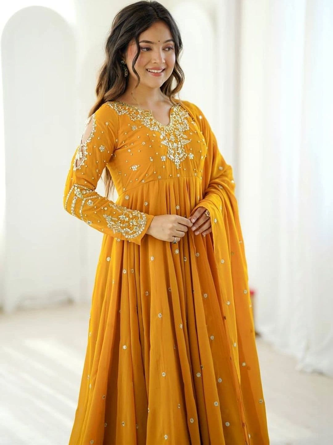 VASTRABELLA Women Embroidered Empire Mirror Work Silk Georgette Kurta with Palazzos & With Dupatta thumbnail 7