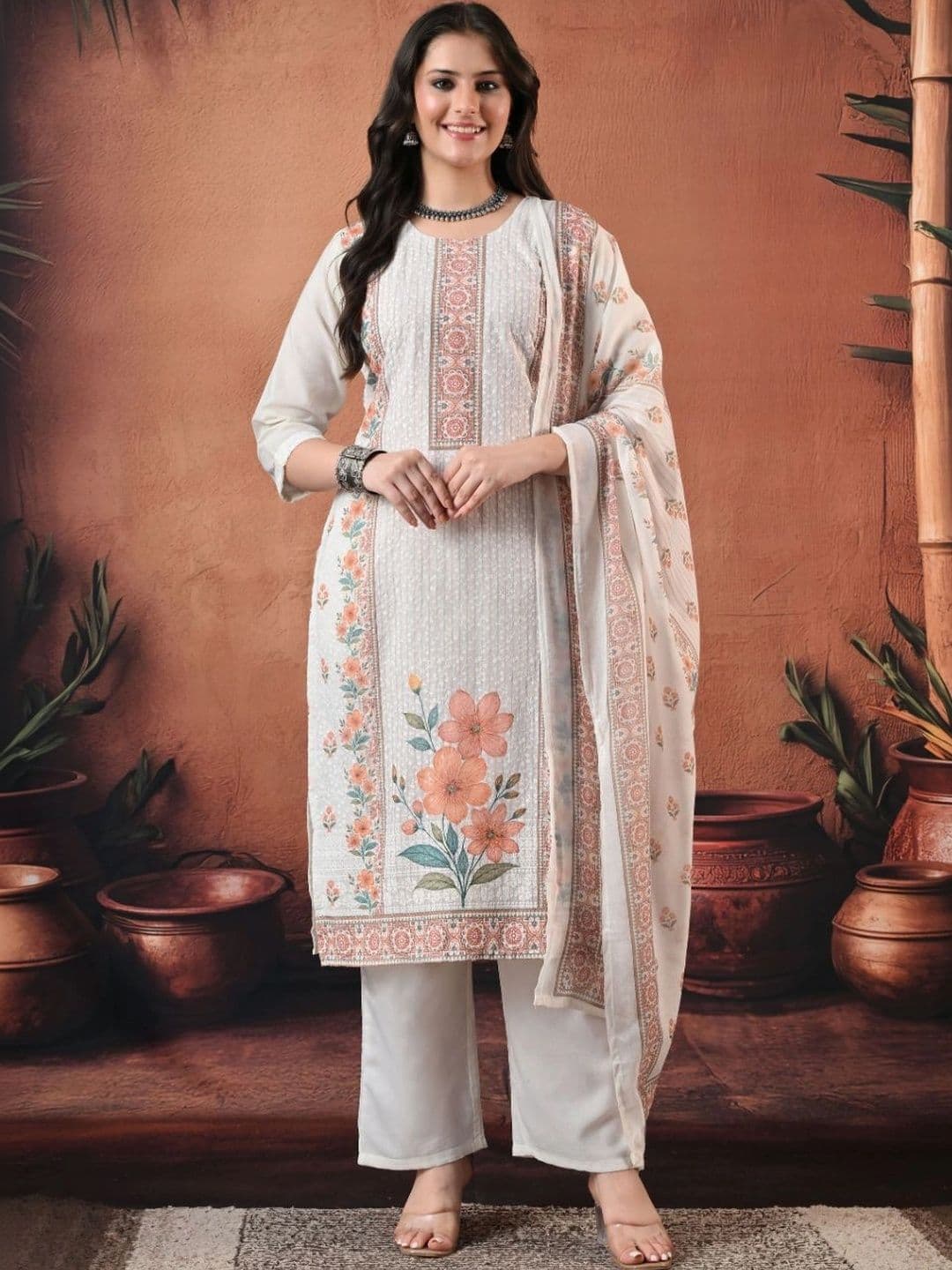 Encourage Women Floral Embroidered Thread Work Pure Cotton Kurta with Palazzos & Dupatta - view 1