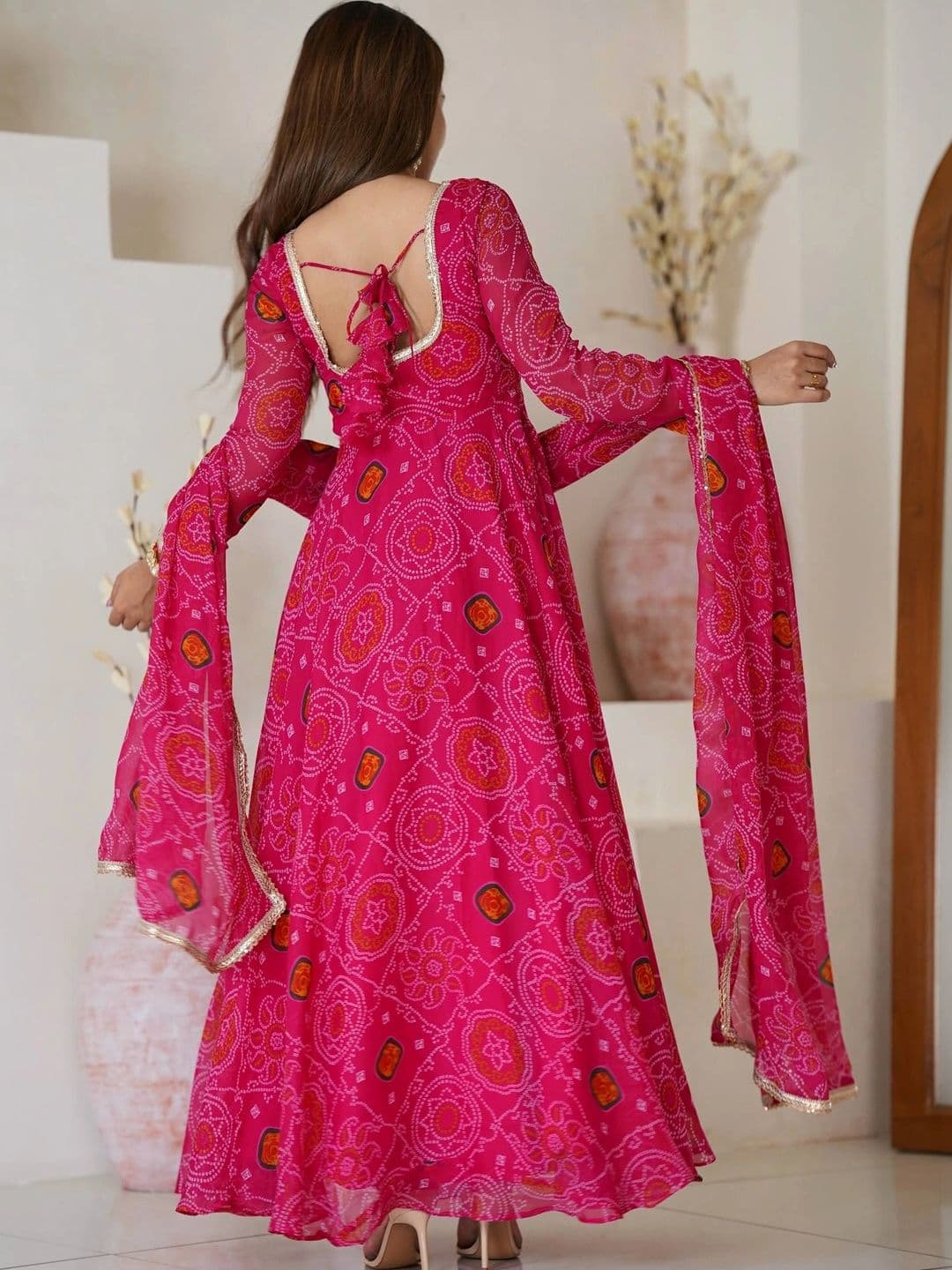 VASTRABELLA Women Bandhani Printed Tiered Silk Chiffon Kurta with Palazzos & With Dupatta thumbnail 7