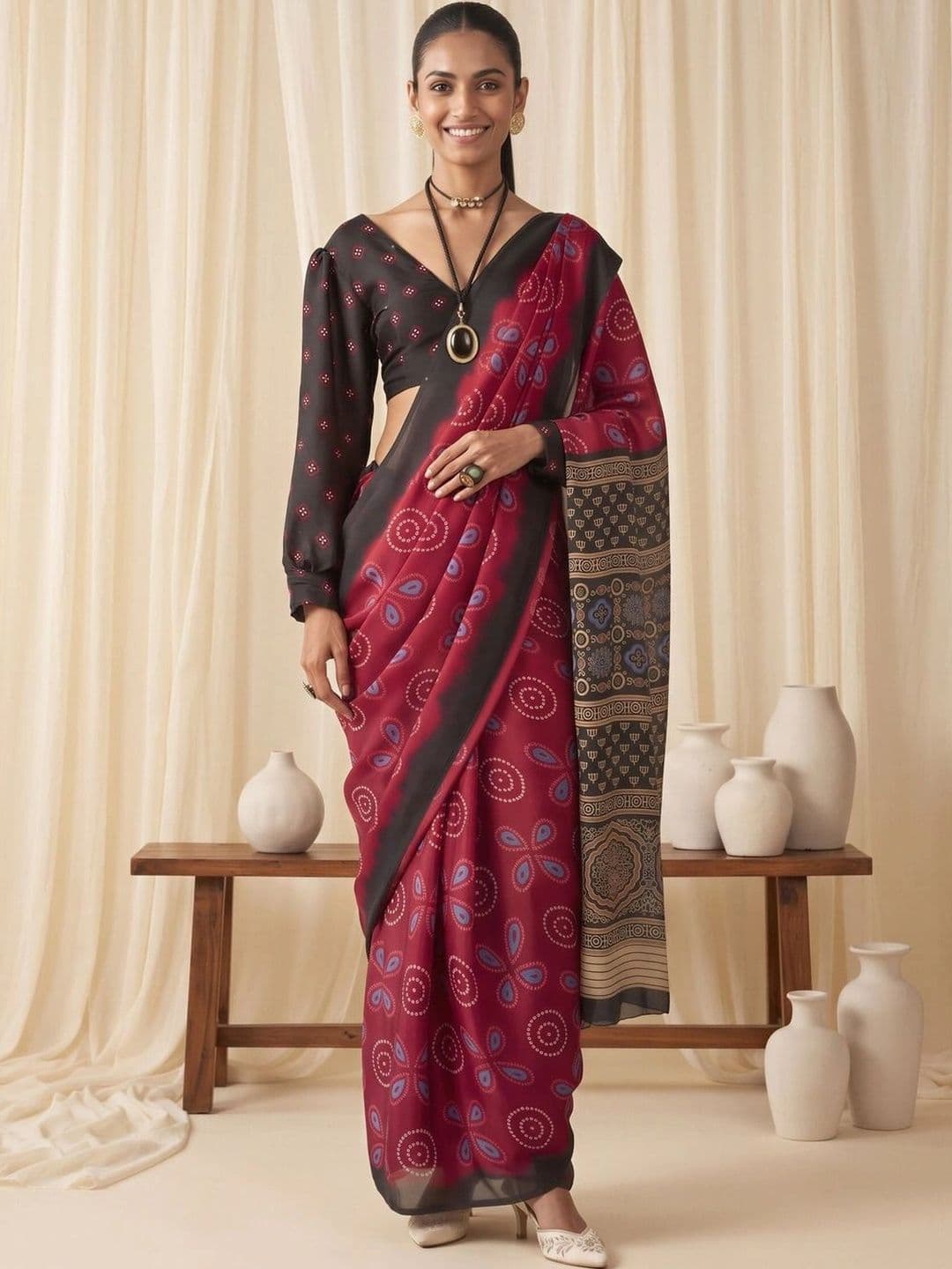 Saree mall Bandhani Satin Designer Block Print Sarees - view 1
