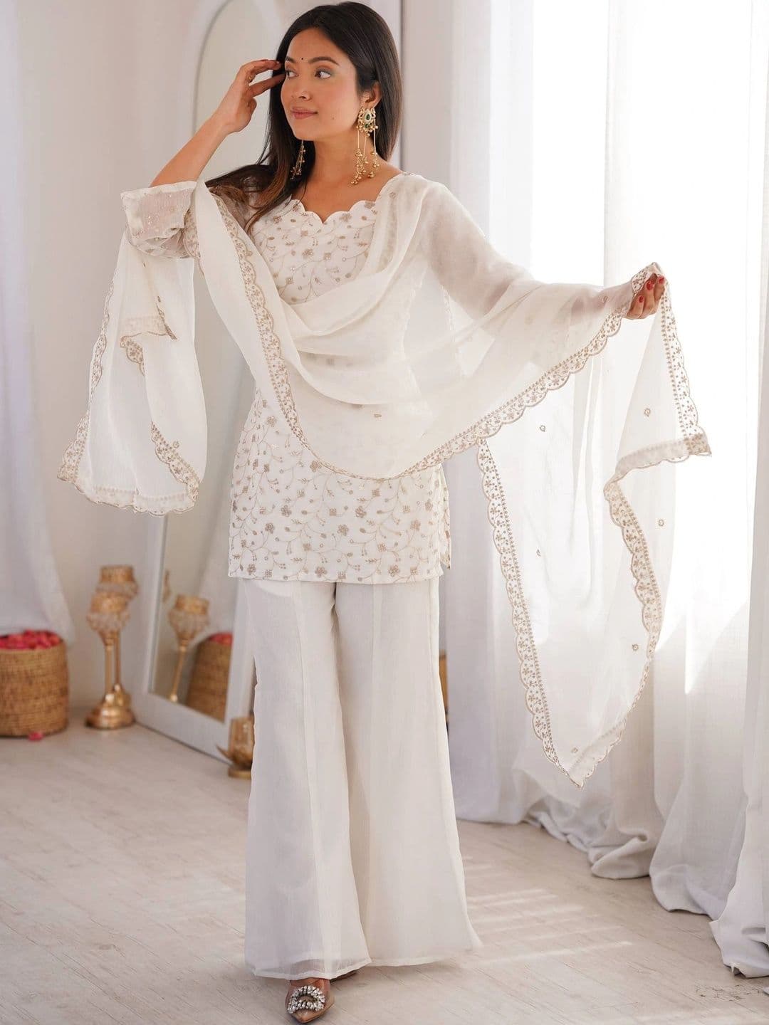 VASTRABELLA Women Ethnic Motifs Embroidered Regular Thread Work Kurta with Palazzos & With Dupatta - view 1