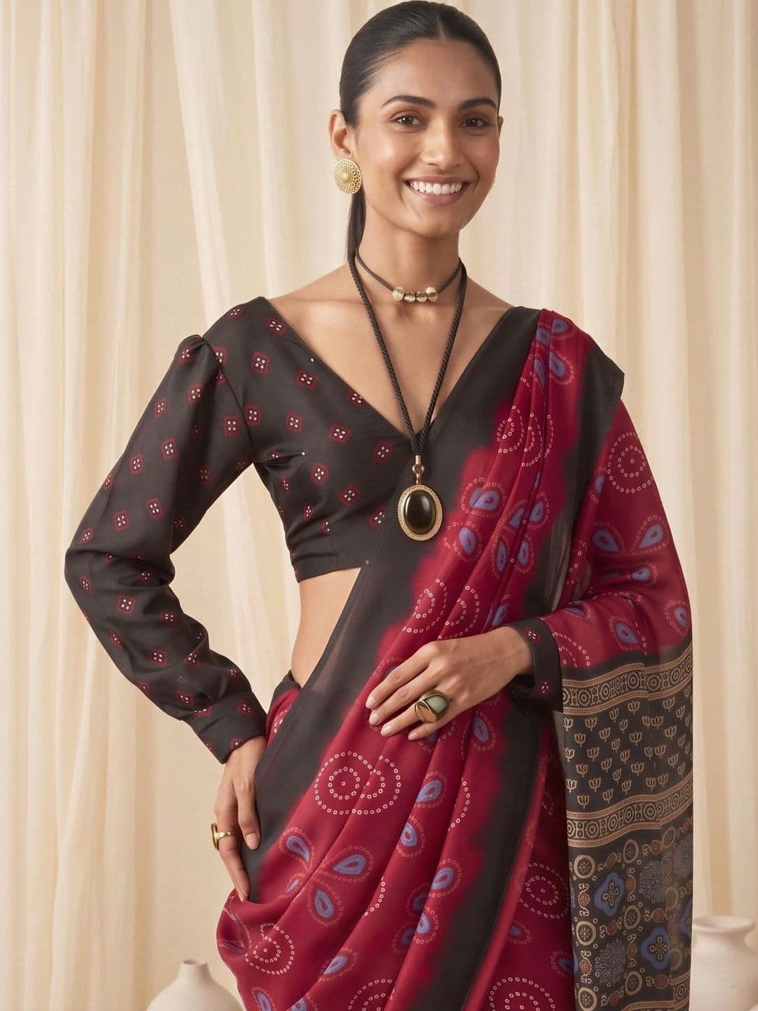 Saree mall Bandhani Satin Designer Block Print Sarees thumbnail 7