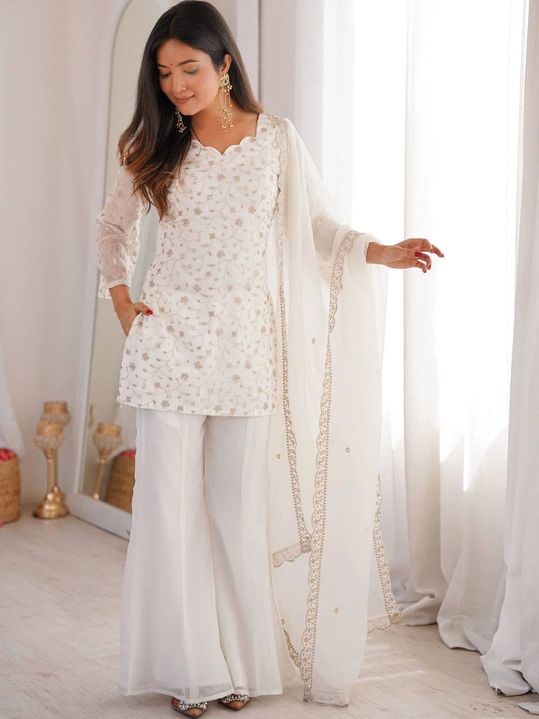VASTRABELLA Women Ethnic Motifs Embroidered Regular Thread Work Kurta with Palazzos & With Dupatta thumbnail 5