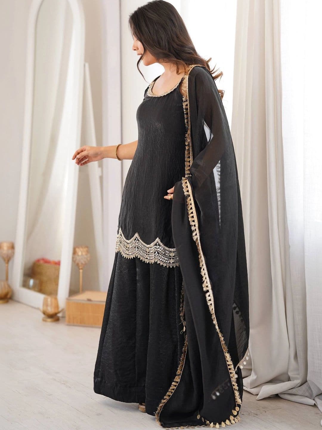 VASTRABELLA Women Ethnic Motifs Regular Gotta Patti Pure Silk Kurta with Sharara & With Dupatta thumbnail 7