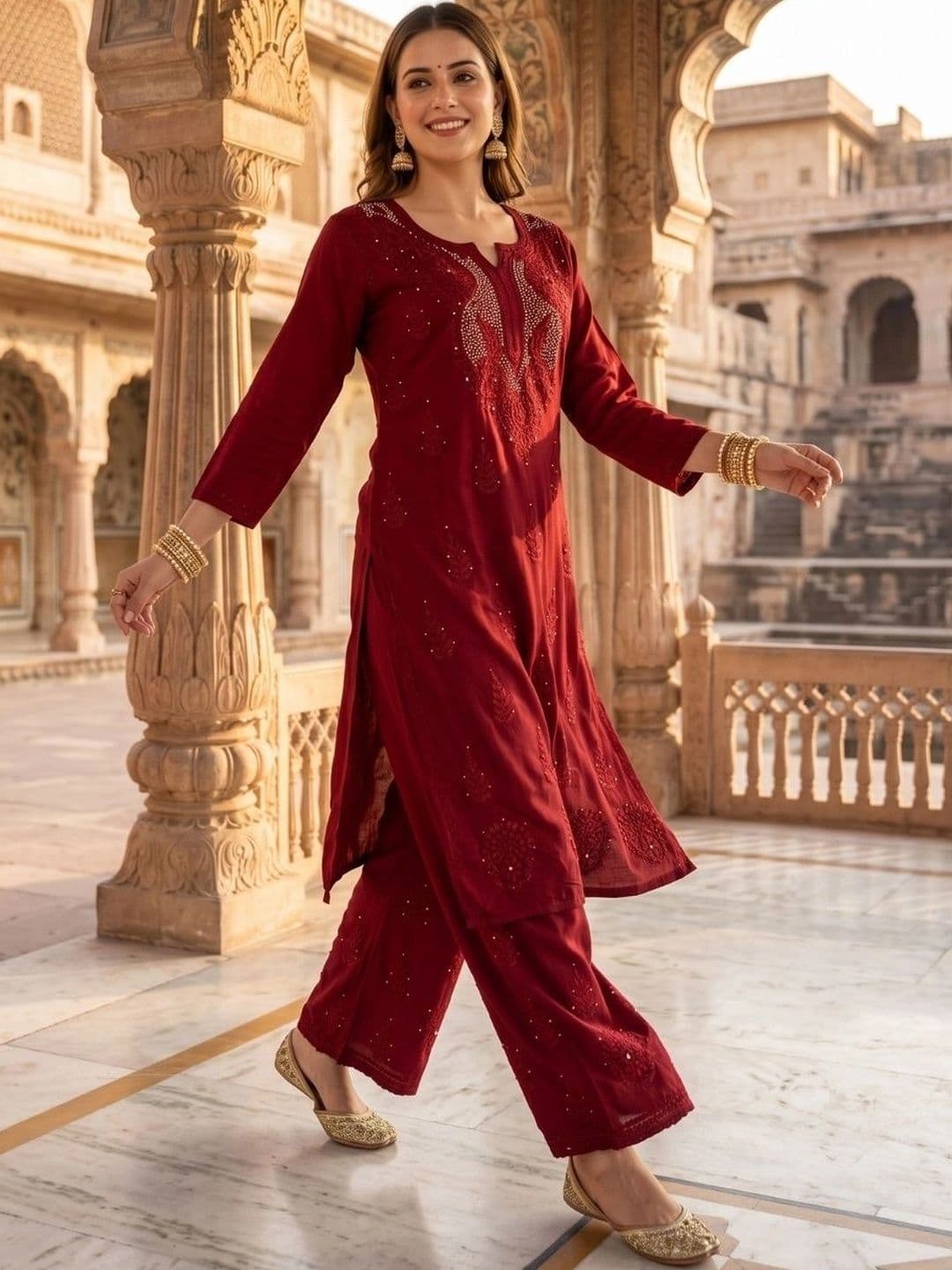 Fashion Chikan Art Women Ethnic Motifs Embroidered Regular Thread Work Kurta with Palazzos thumbnail 2