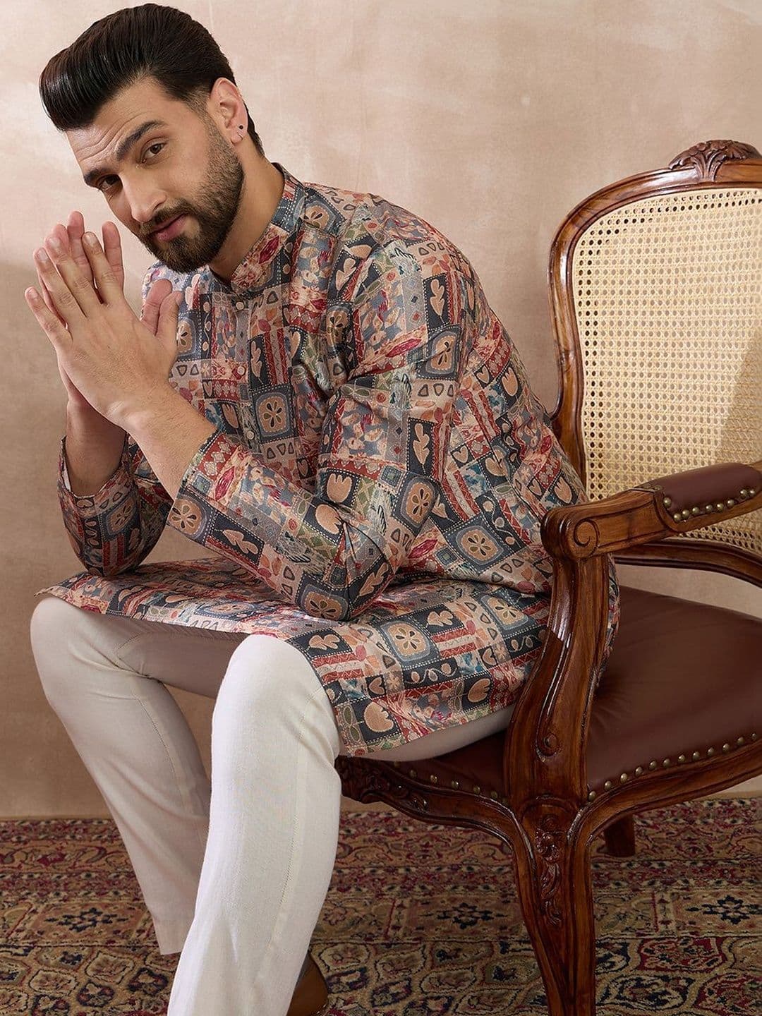 House of Pataudi Printed Mandarin Collar Calf Length Straight Kurta thumbnail 6