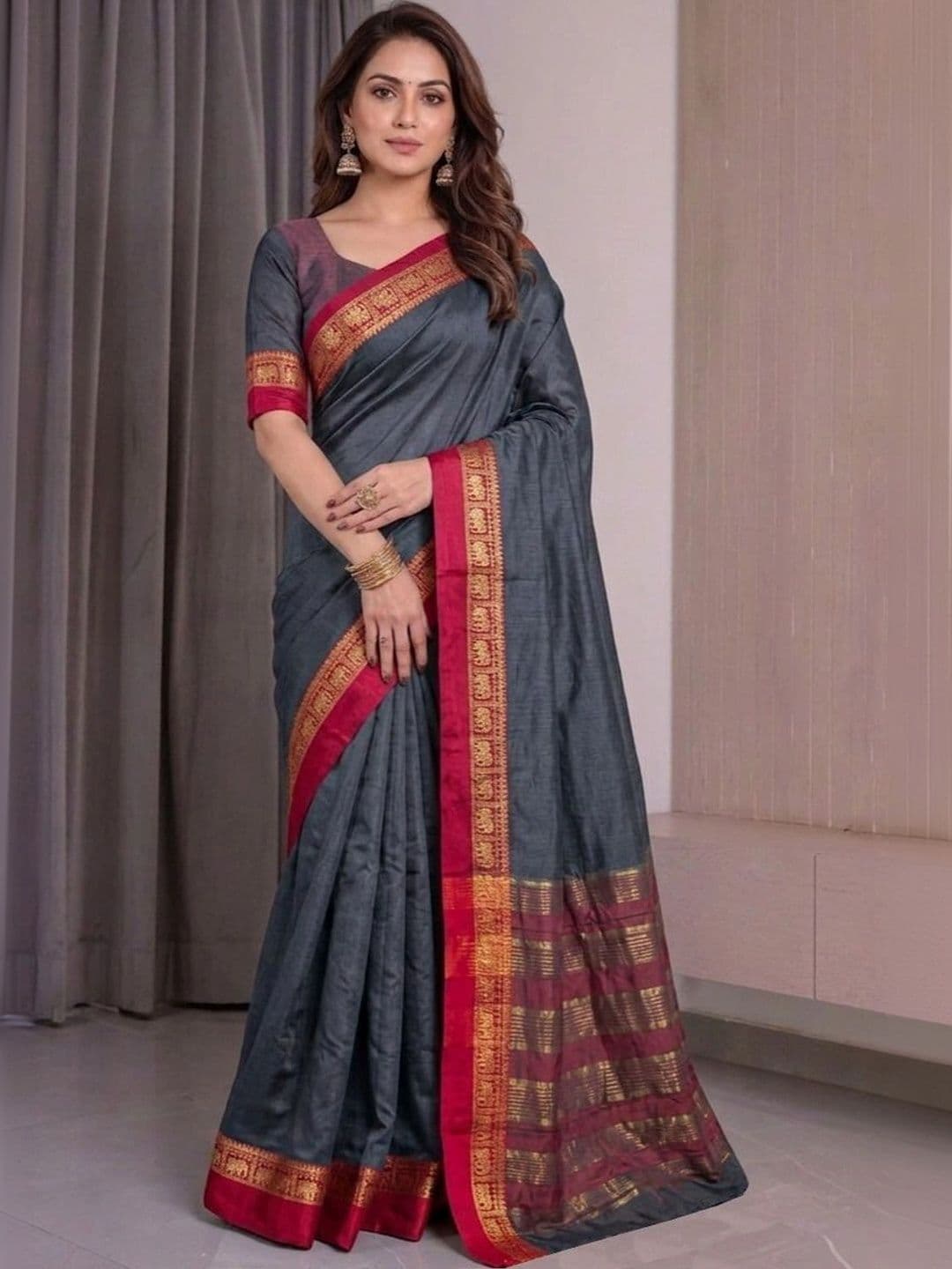 Owee Striped Zari Silk Cotton Designer Saree - view 1
