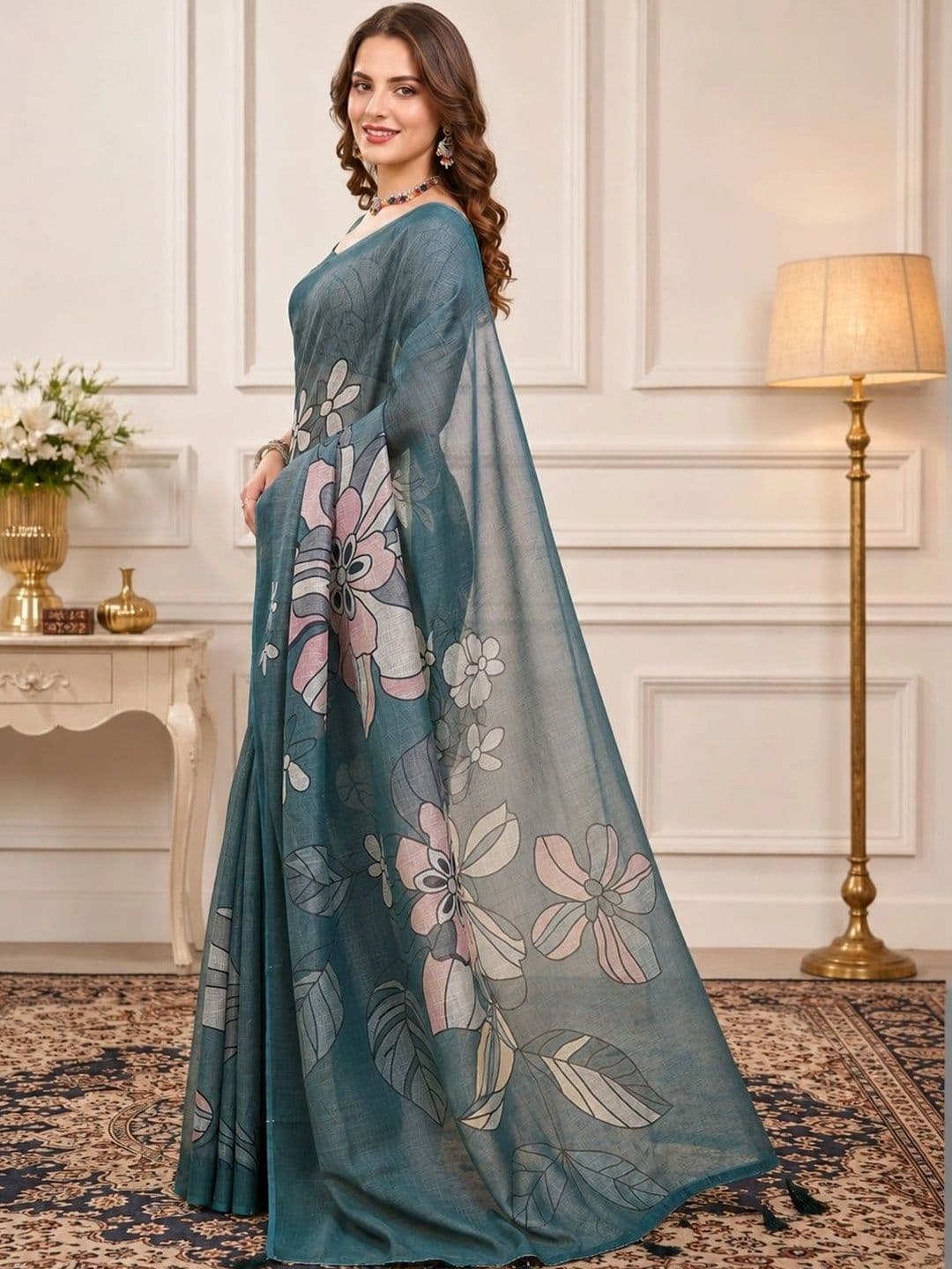 V3 FASHION STUDIO Floral Zari Linen Blend Designer Block Print Saree thumbnail 5