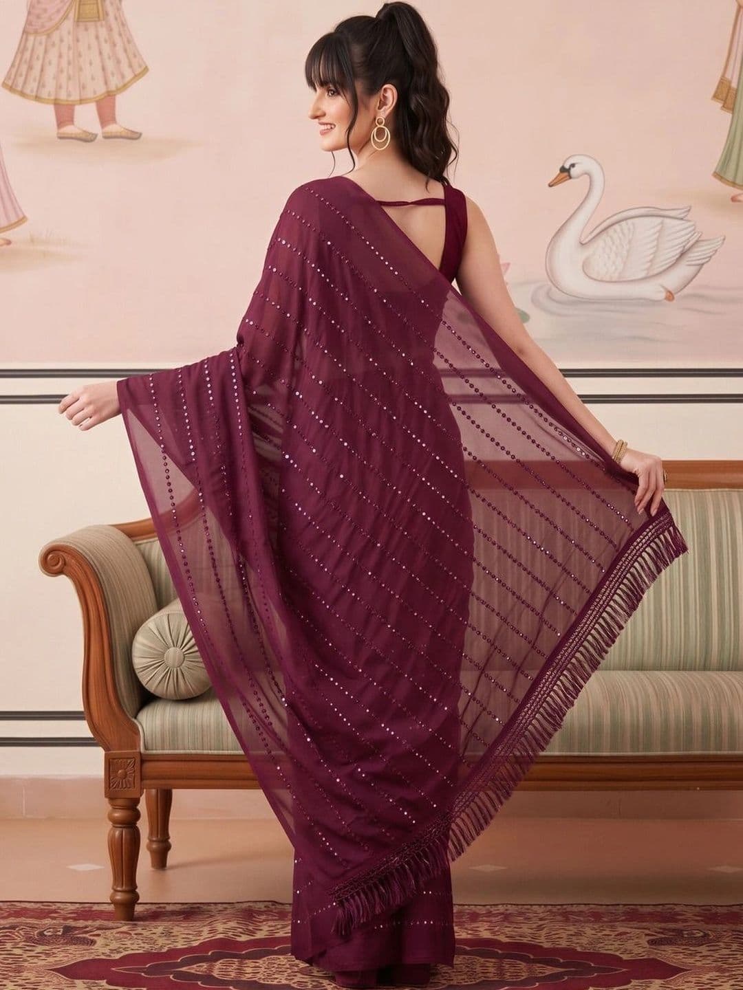 Saree mall Embellished Mirror Work Poly Georgette Designer Sarees thumbnail 4