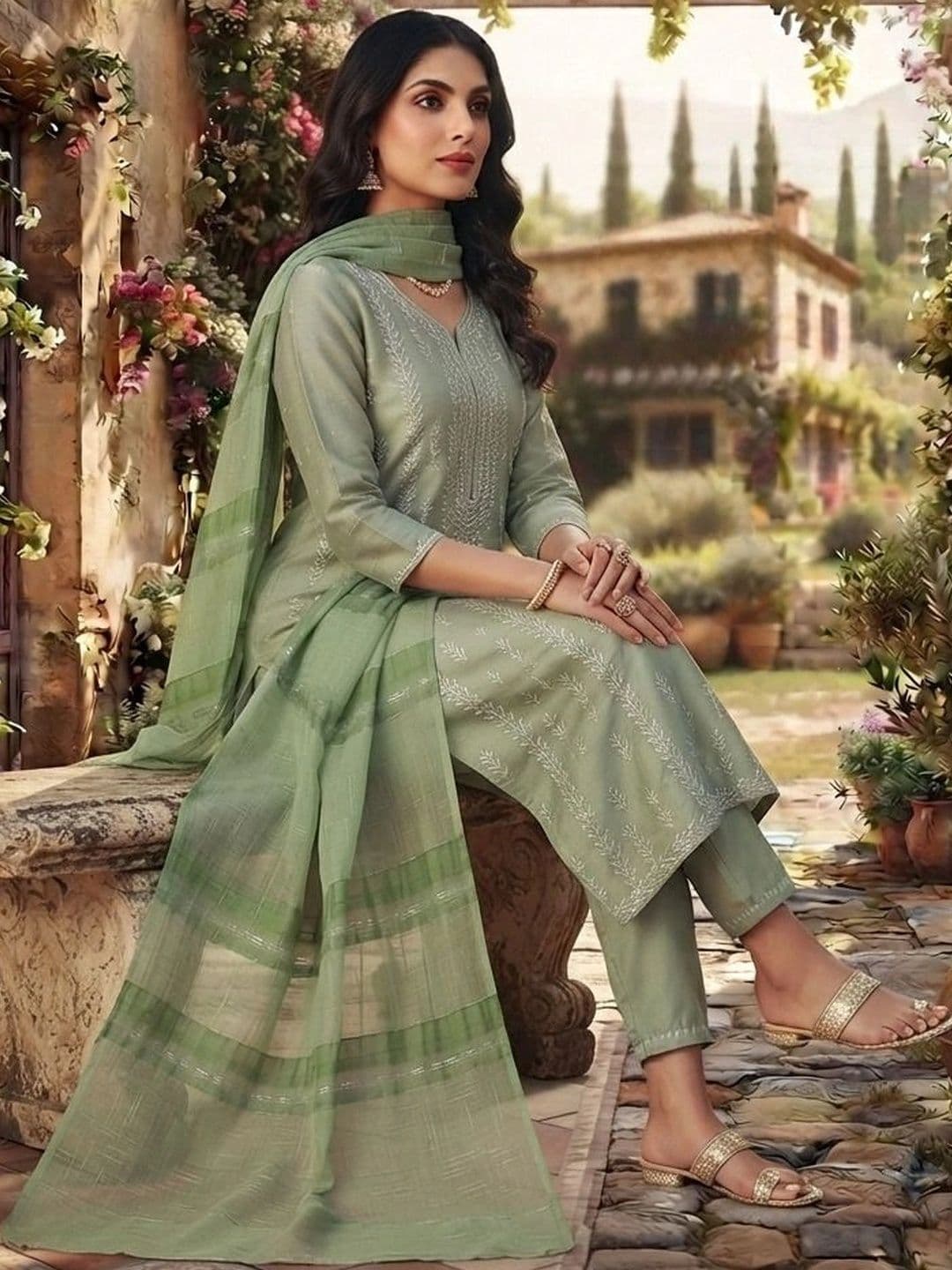 DIVASTRI Women Ethnic Motifs Embroidered Regular Thread Work Chanderi Cotton Kurta with Trousers & With thumbnail 5
