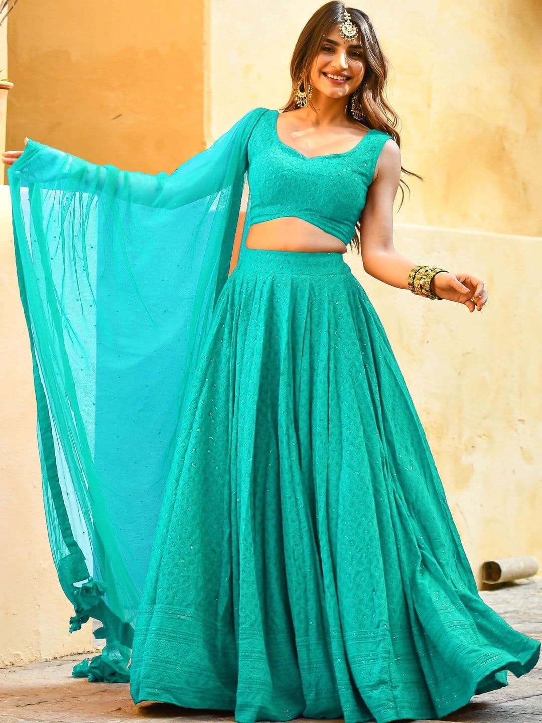 ETHNIC PLUS Embellished Sequinned Semi-Stitched Lehenga & Unstitched Blouse With Dupatta - view 1