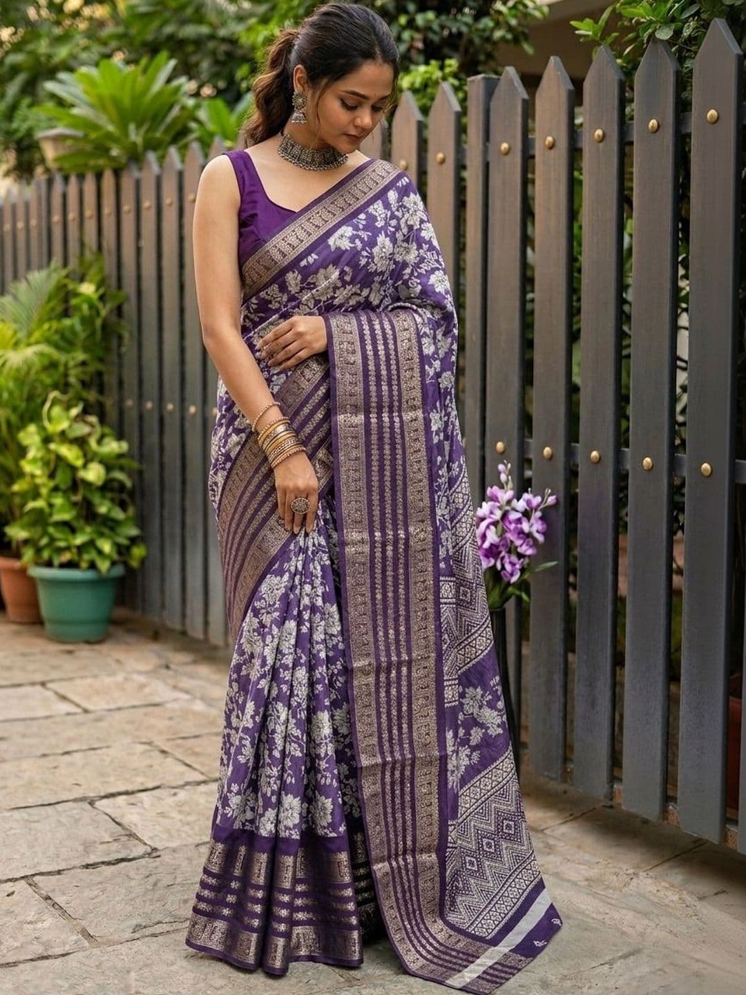 Owee Floral Zari Silk Blend Designer Saree - view 1