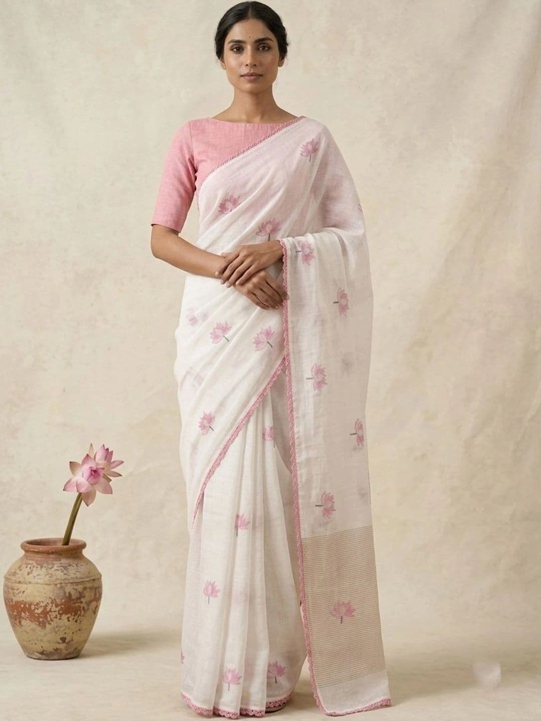 STAVA CREATION Floral Pure Linen Designer Saree - view 1