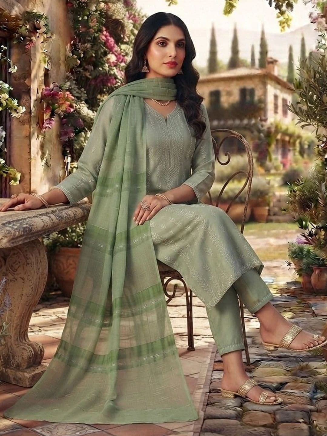 RAJGRANTH Women Ethnic Motifs Embroidered Regular Thread Work Chanderi Cotton Kurta with Trousers & With thumbnail 6