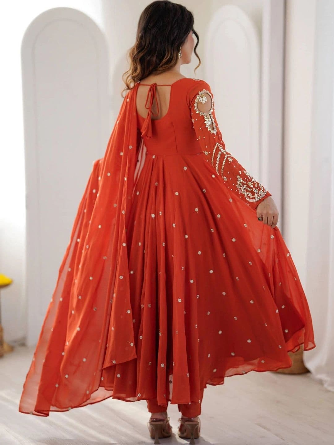 VASTRABELLA Women Regular Mirror Work Silk Georgette Kurta with Trousers & With Dupatta thumbnail 5
