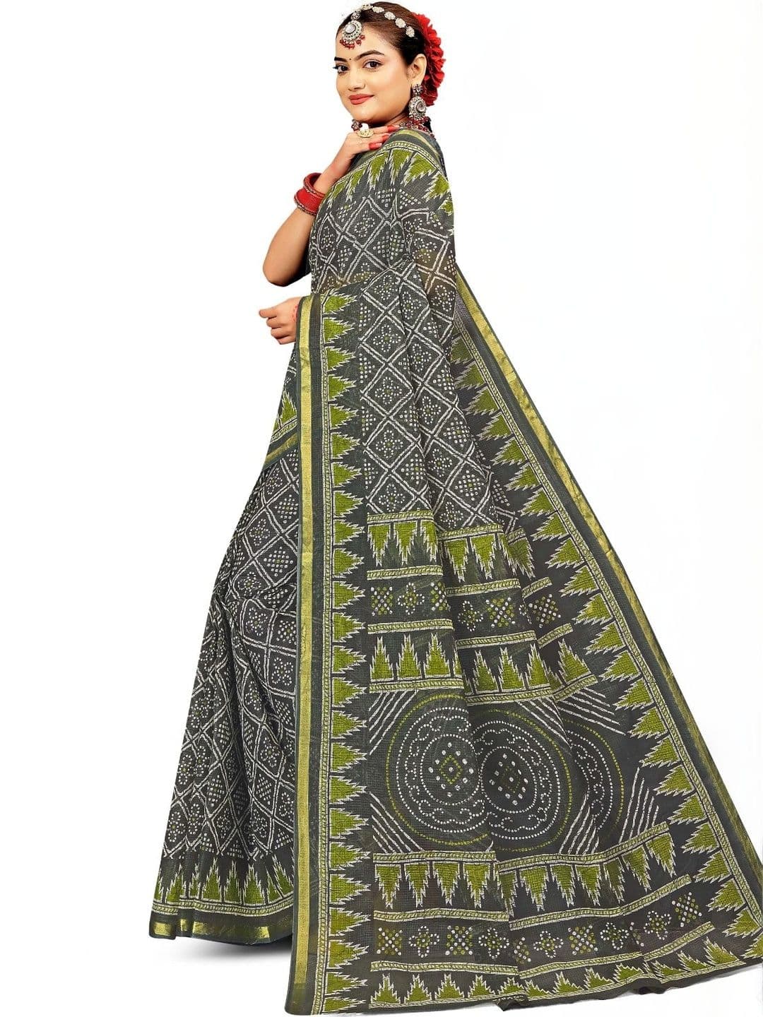SONARIKA CREATION Bandhani Pure Cotton Handloom Block Print Saree thumbnail 4