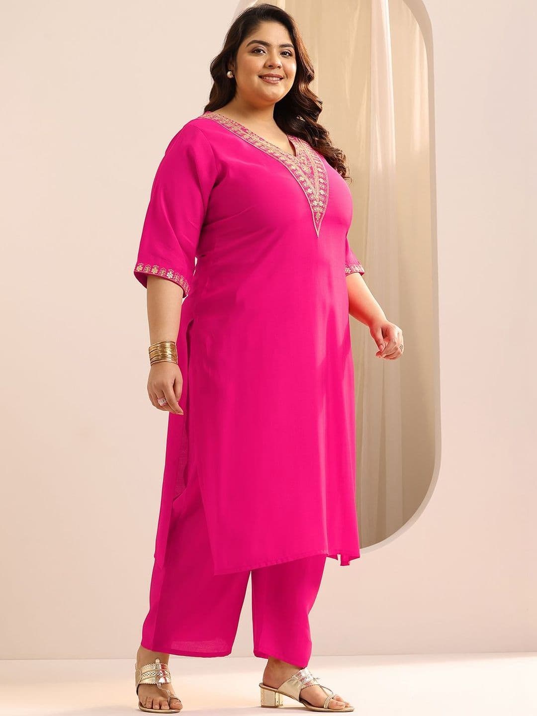EXTRA LOVE BY LIBAS Plus Size Pink Yoke Design Silk Blend Straight Suit Set With Dupatta thumbnail 6