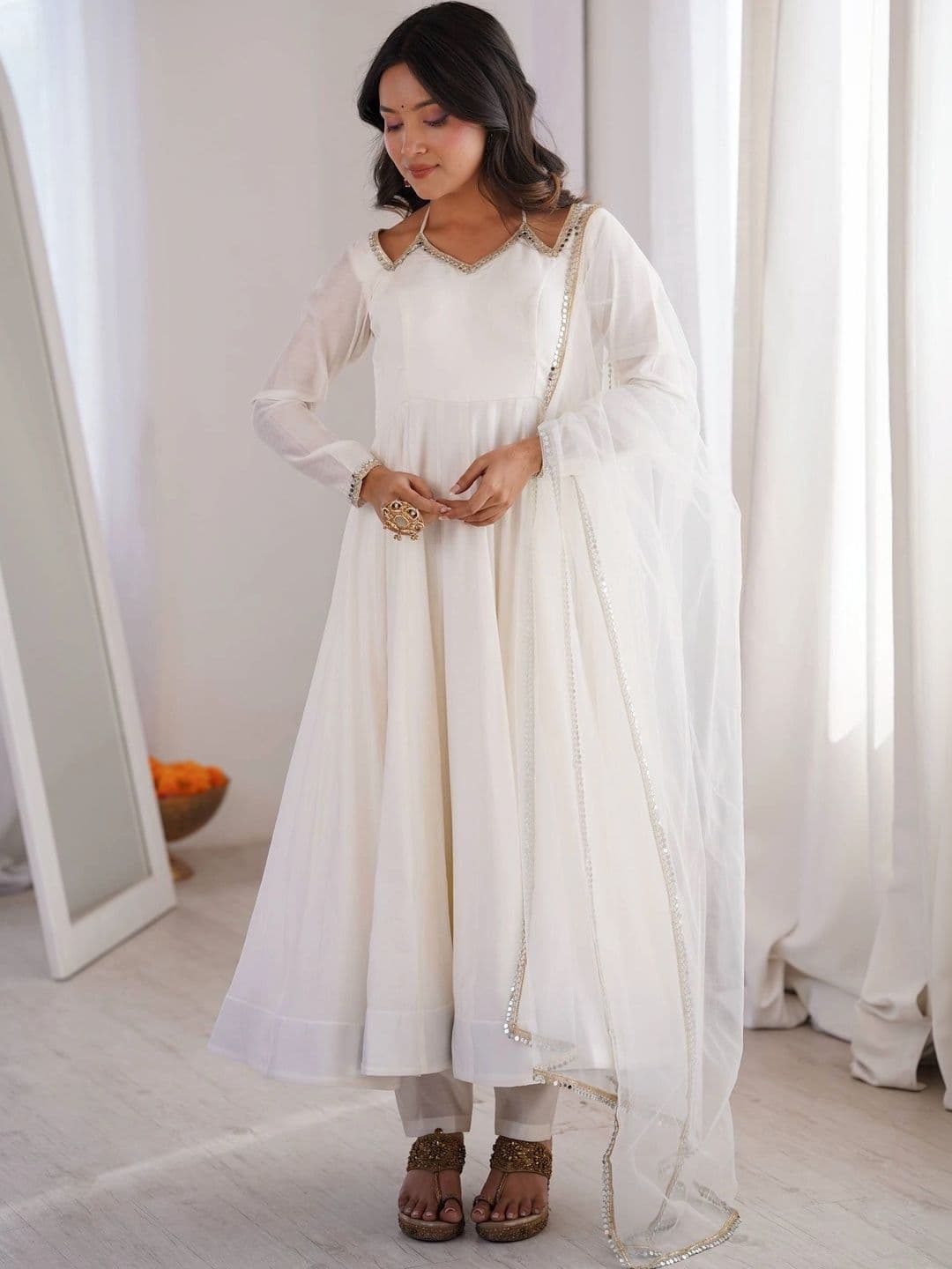 VASTRABELLA Women Empire Mirror Work Chanderi Silk Kurta with Trousers & With Dupatta - view 1