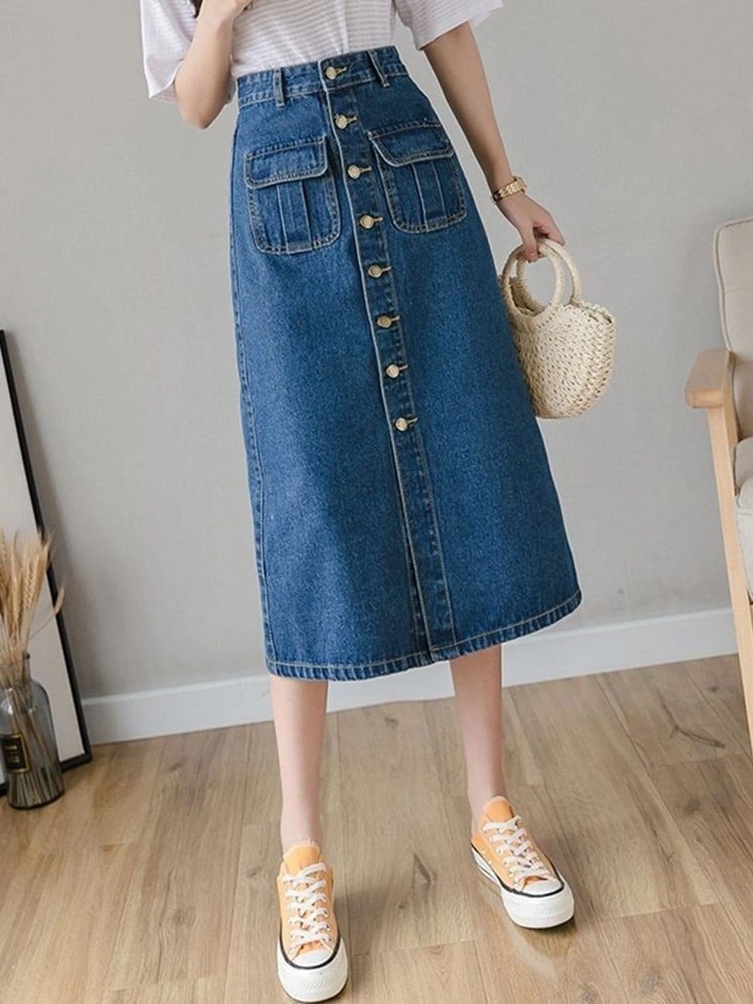 THE SQUAD CLUB Women Denim Front Slit Midi A-Line Skirt thumbnail 2